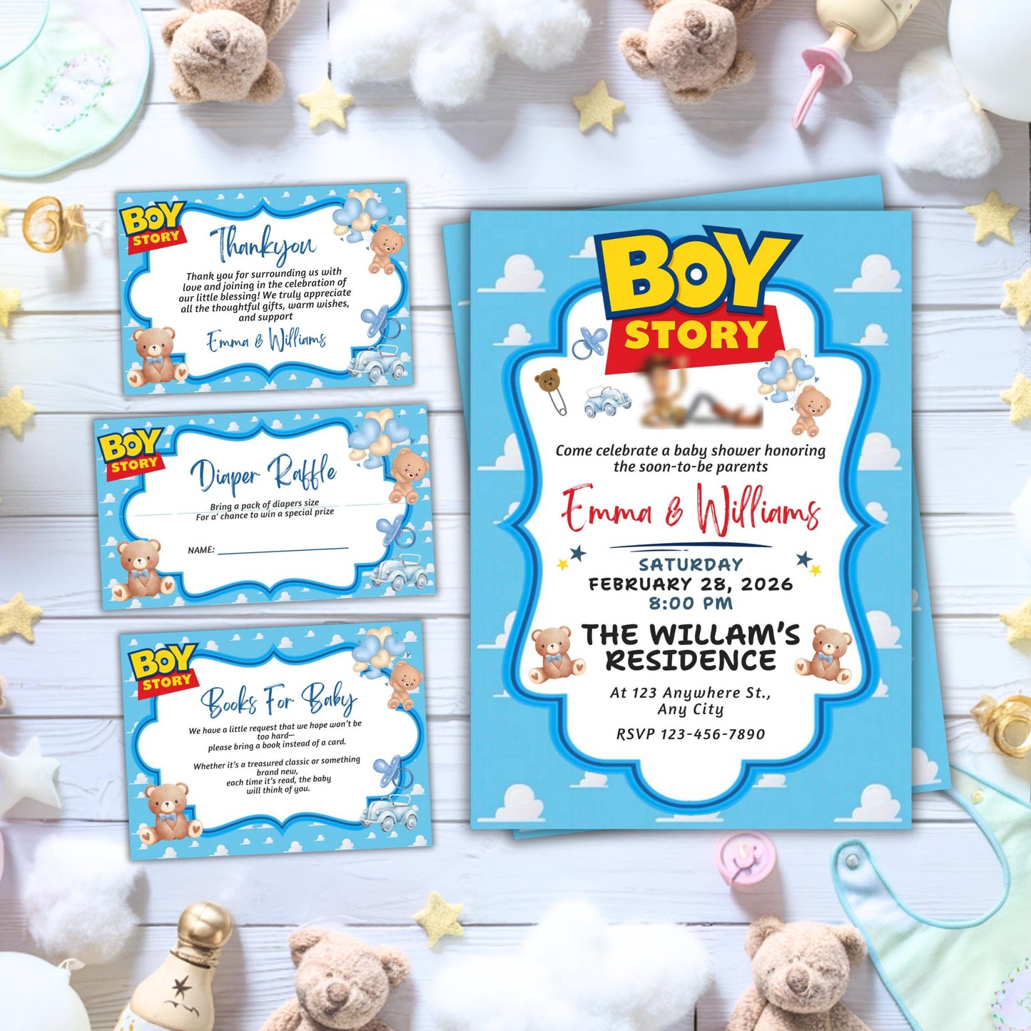 Boy Story Baby Shower Invitation, Its A Boy, Baby Shower Invite, Books For Baby Card, Editable Thank You Card, Printable Diaper Raffle Card
