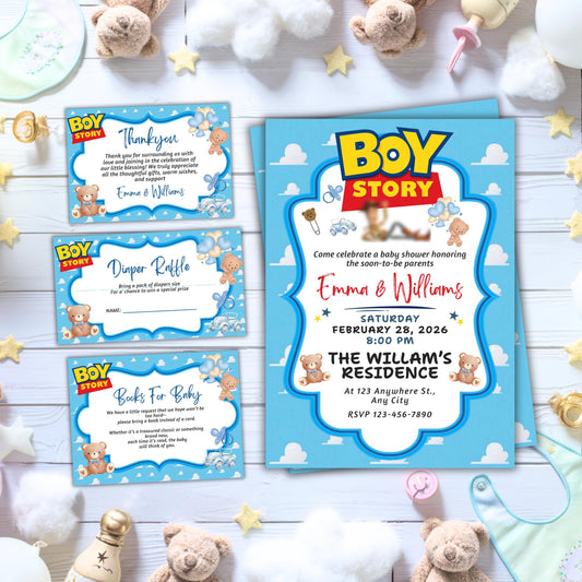 Boy Story Baby Shower Invitation, Its A Boy, Baby Shower Invite, Books For Baby Card, Editable Thank You Card, Printable Diaper Raffle Card