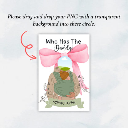 Pink Bow Who Has The Baby Daddy, Printable Baby Shower Game, Find Daddy Scratch Game, Editable Celebrity Scratch Off Cards, Canva Template