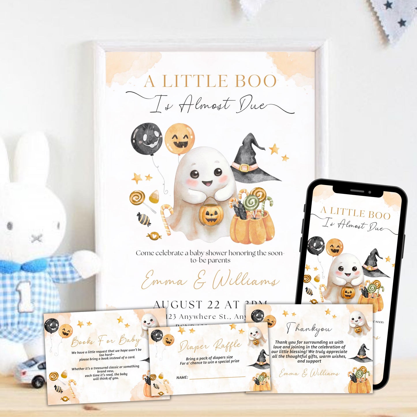 Editable A Little Boo Baby Shower Invite, A Little Baby Boo Is Almost Done Invitation, Pumpkin Halloween Girl Baby Shower, Thank You Card
