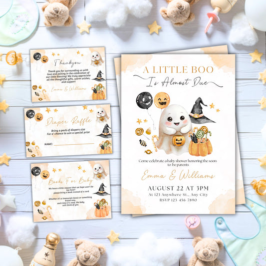 Editable A Little Boo Baby Shower Invite, A Little Baby Boo Is Almost Done Invitation, Pumpkin Halloween Girl Baby Shower, Thank You Card