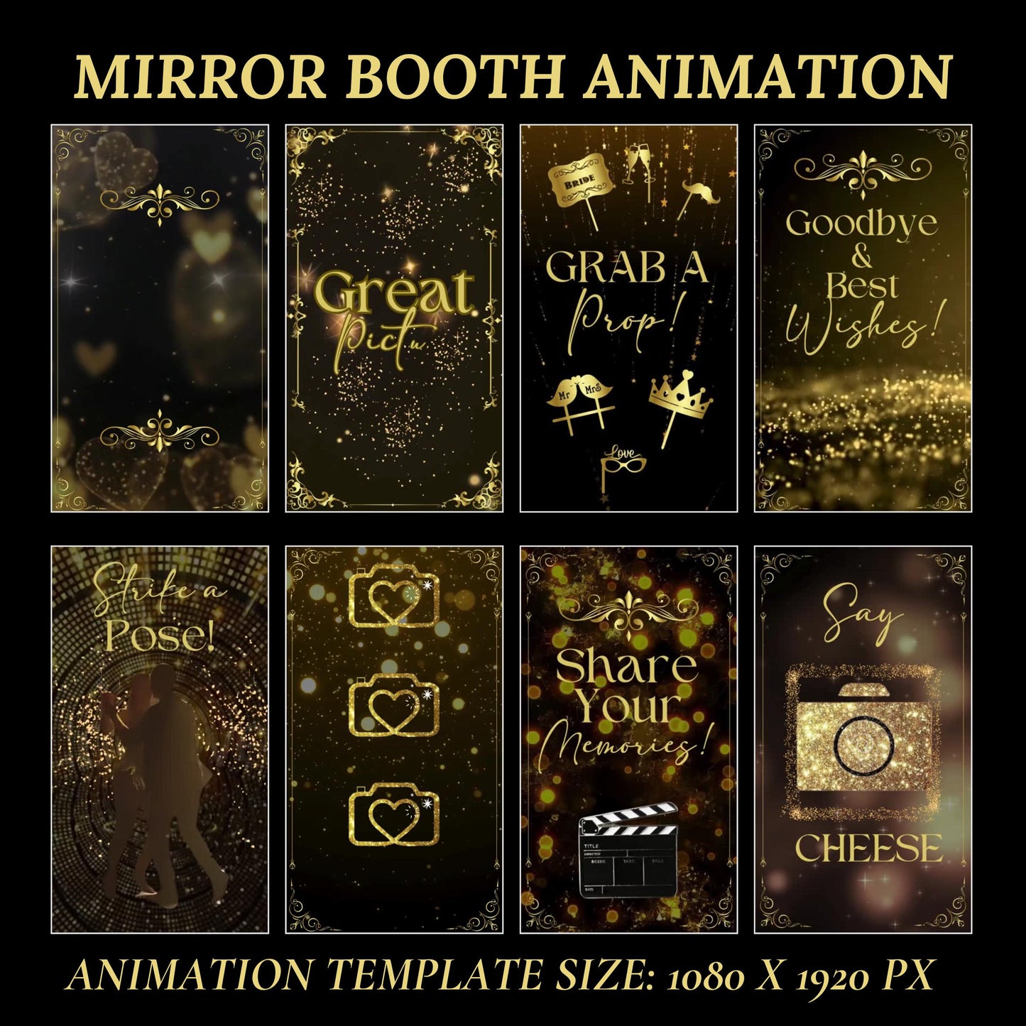 Wedding Mirror Booth Animations, Gold & Black Animations, Touch to Start, Countdown, Pose, Love, Voice Over, Wedding Magic Mirror Booth