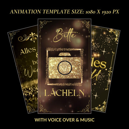 Hochzeits-Spiegelkabinen-Animationen, Gold Schwarz-Animationen, Touch-to-Start, Countdown, Liebe, Voice-Over, Hochzeits-Zauberspiegelkabine