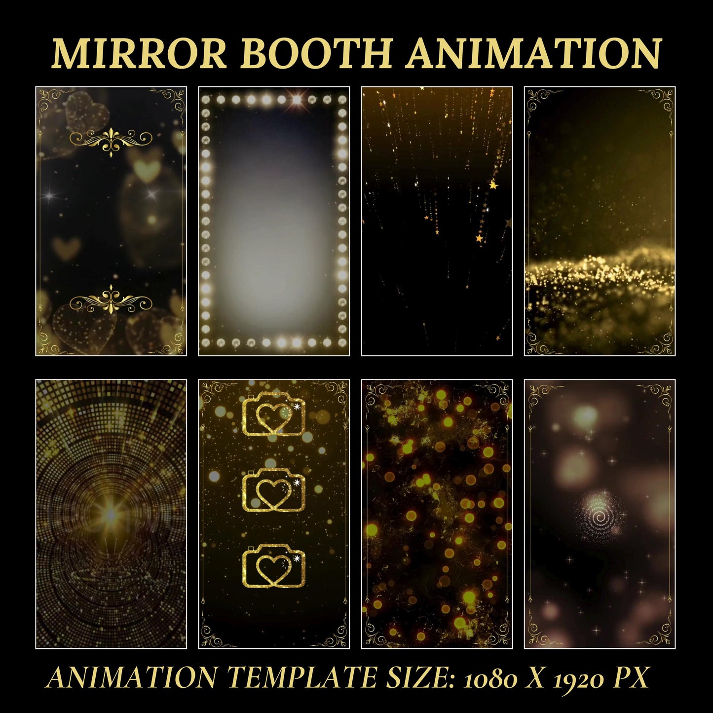 Hochzeits-Spiegelkabinen-Animationen, Gold Schwarz-Animationen, Touch-to-Start, Countdown, Liebe, Voice-Over, Hochzeits-Zauberspiegelkabine