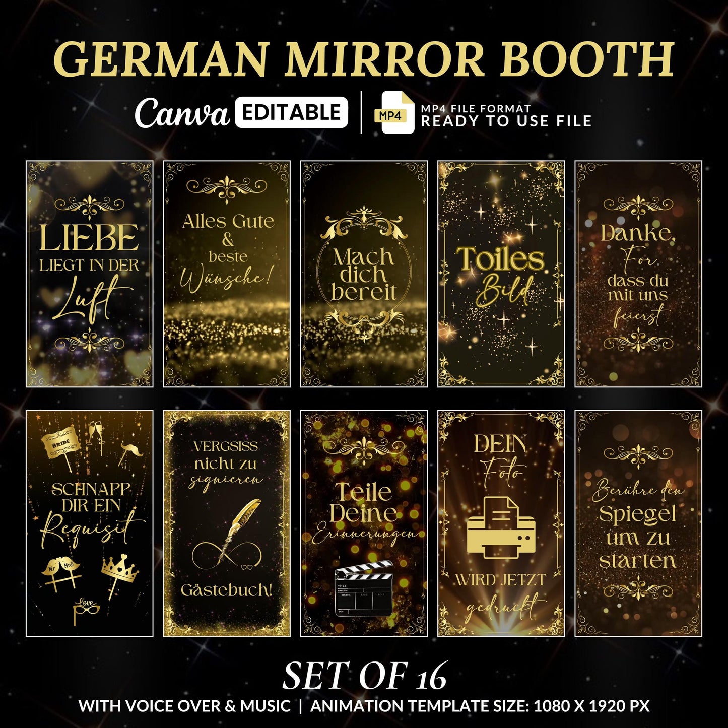 Hochzeits-Spiegelkabinen-Animationen, Gold Schwarz-Animationen, Touch-to-Start, Countdown, Liebe, Voice-Over, Hochzeits-Zauberspiegelkabine