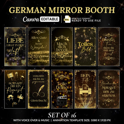 Hochzeits-Spiegelkabinen-Animationen, Gold Schwarz-Animationen, Touch-to-Start, Countdown, Liebe, Voice-Over, Hochzeits-Zauberspiegelkabine