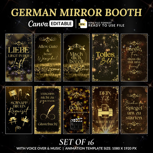 Hochzeits-Spiegelkabinen-Animationen, Gold Schwarz-Animationen, Touch-to-Start, Countdown, Liebe, Voice-Over, Hochzeits-Zauberspiegelkabine