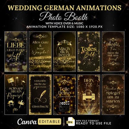 Hochzeits-Spiegelkabinen-Animationen, Gold Schwarz-Animationen, Touch-to-Start, Countdown, Liebe, Voice-Over, Hochzeits-Zauberspiegelkabine