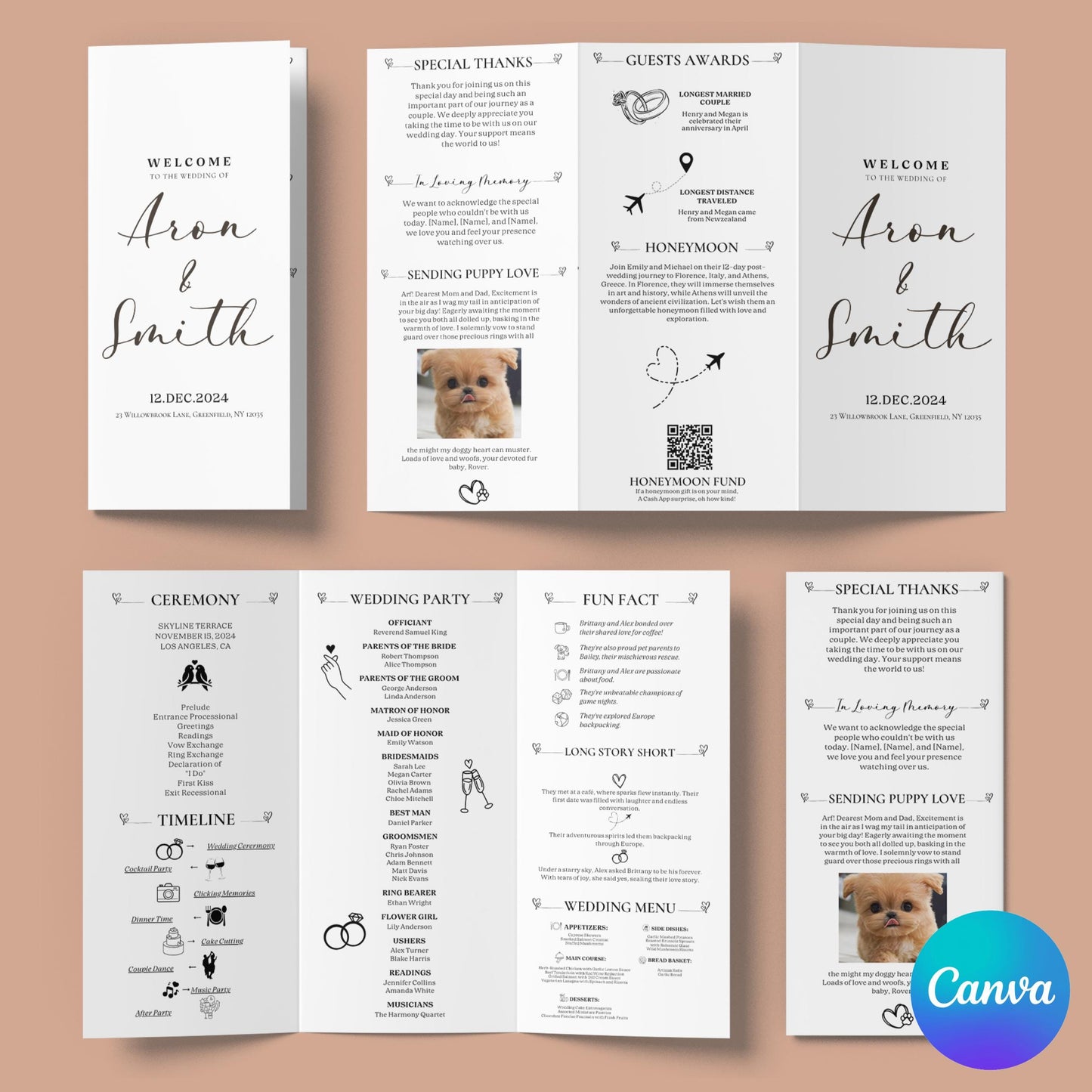 Trifold Wedding Program, Printable Wedding Trifold Details Card, Infographic Wedding Program, Editable Wedding Itinerary, Canva Template