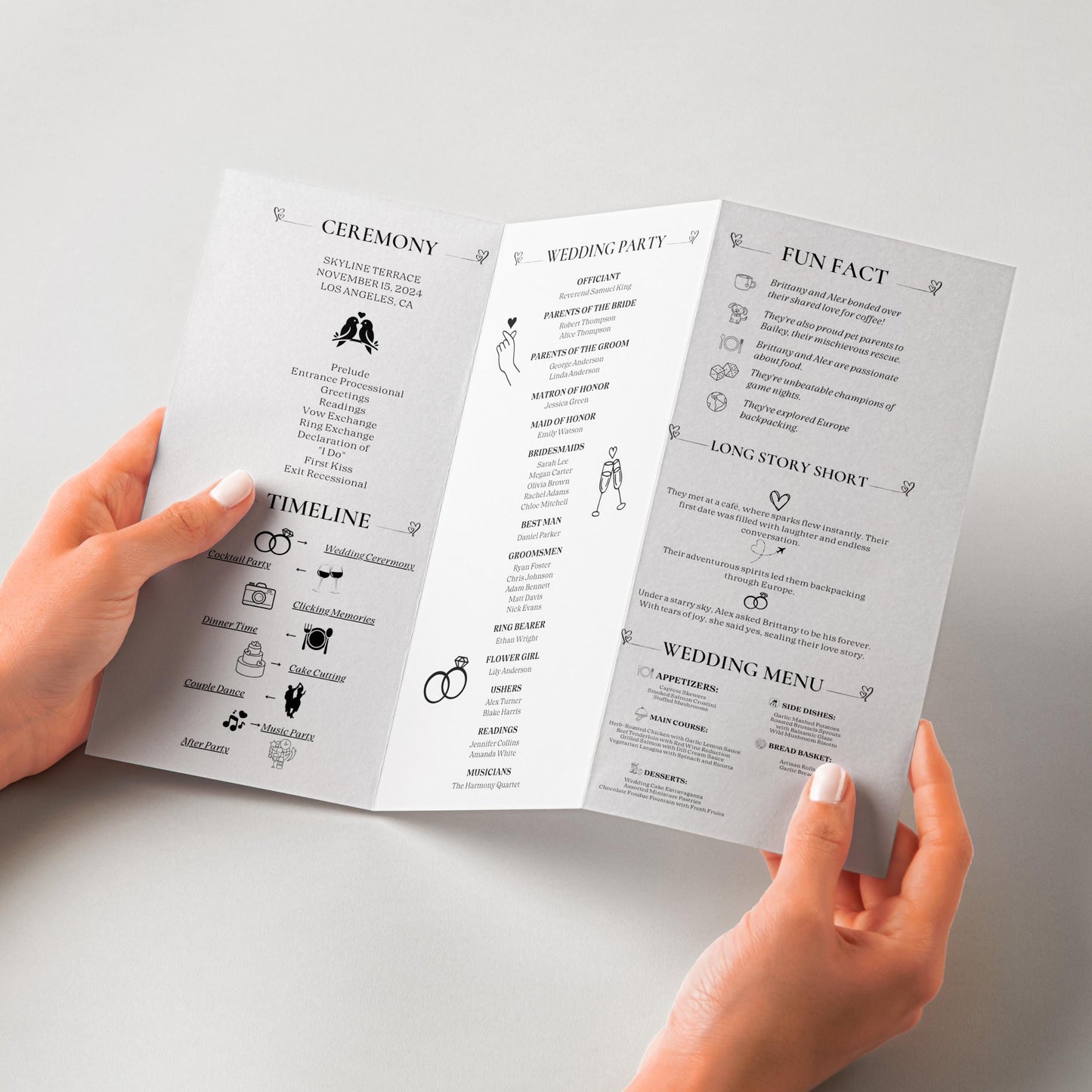 Trifold Wedding Program Template, Wedding Ceremony Program, Modern Wedding Foldable Program, Infographic Wedding, Wedding Day Timeline Canva