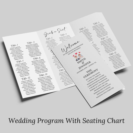 Trifold Wedding Program, Printable Wedding Trifold Details Card, Infographic Wedding Program And Seating Chart, Editable Canva Template