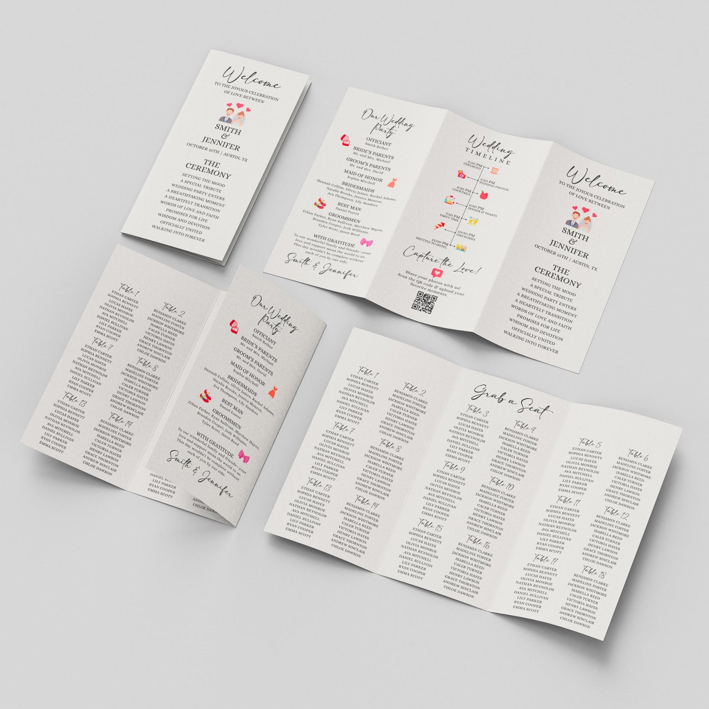 Trifold Wedding Program Template With Wedding Seating Chart Template, Infographic Wedding Program, Editable Wedding Itinerary,Canva Template