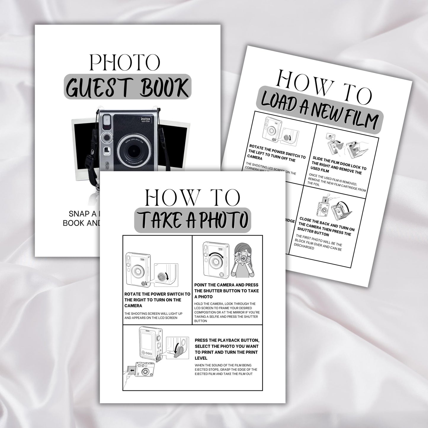 Instax Mini Evo Photo Guestbook, Instax Mini Evo Camera Instructions Sign, How To Load A Film, How To Take A Photo