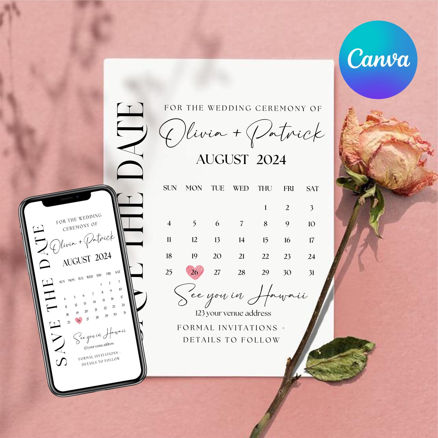 Photo Save The Date Postcard Template, Photo Wedding Invitations Photocard, Boho Save the date, Canva Template