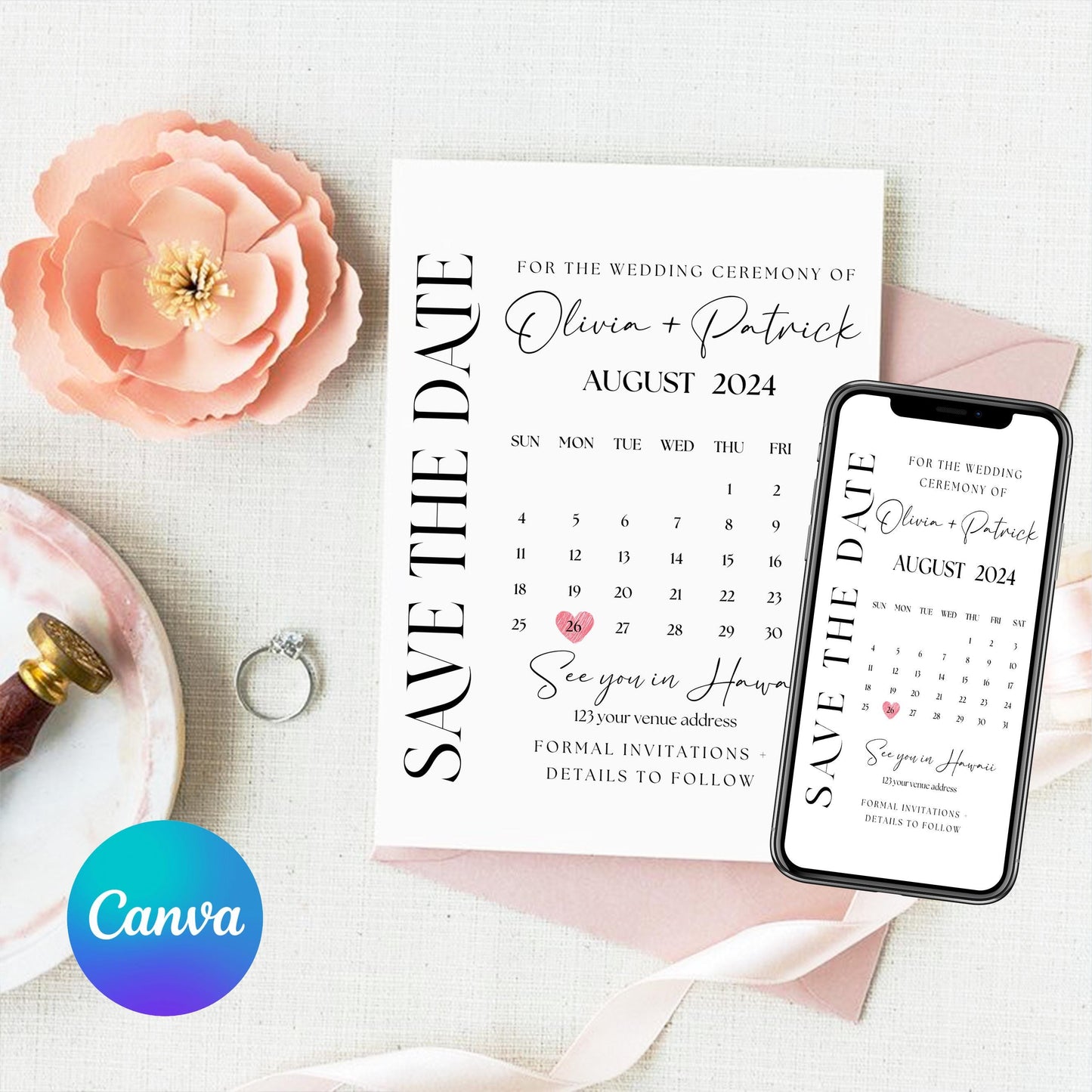 Photo Save The Date Postcard Template, Photo Wedding Invitations Photocard, Boho Save the date, Canva Template