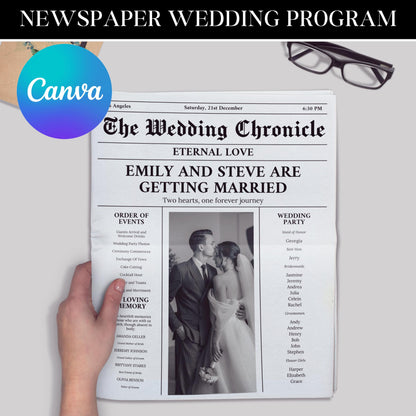 Folded Printable Wedding Newspaper Program Canva Template Wedding Newspaper Template with Photo Wedding Infographic Newlywed Time Newspaper