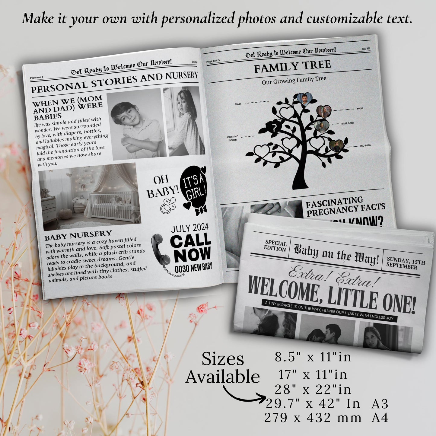 Newspaper Baby Announcement Template, Baby On the Way, Pregnancy Reveal Newspaper, Newspaper Baby Shower, Custom Newspaper Canva Template