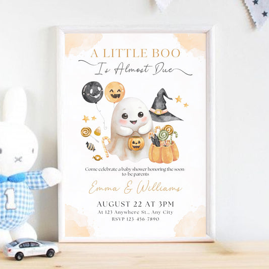 Editable A Little Boo Baby Shower Invite, A Little Baby Boo Is Almost Done Invitation, Pumpkin Halloween Girl Baby Shower, Halloween Flyer