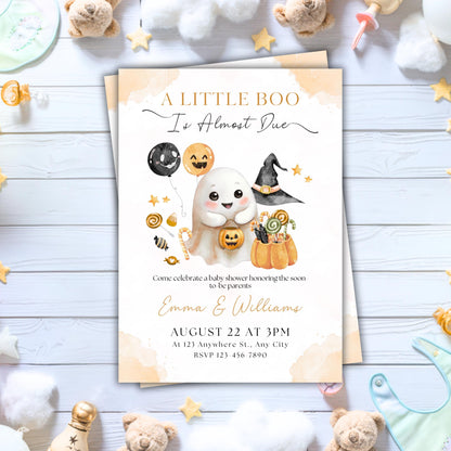 Editable A Little Boo Baby Shower Invite, A Little Baby Boo Is Almost Done Invitation, Pumpkin Halloween Girl Baby Shower, Halloween Flyer
