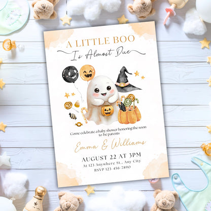 Editable A Little Boo Baby Shower Invite, A Little Baby Boo Is Almost Done Invitation, Pumpkin Halloween Girl Baby Shower, Halloween Flyer