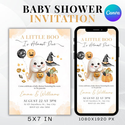 Editable A Little Boo Baby Shower Invite, A Little Baby Boo Is Almost Done Invitation, Pumpkin Halloween Girl Baby Shower, Thank You Card