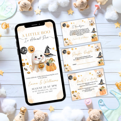 Editable A Little Boo Baby Shower Invite, A Little Baby Boo Is Almost Done Invitation, Pumpkin Halloween Girl Baby Shower, Thank You Card