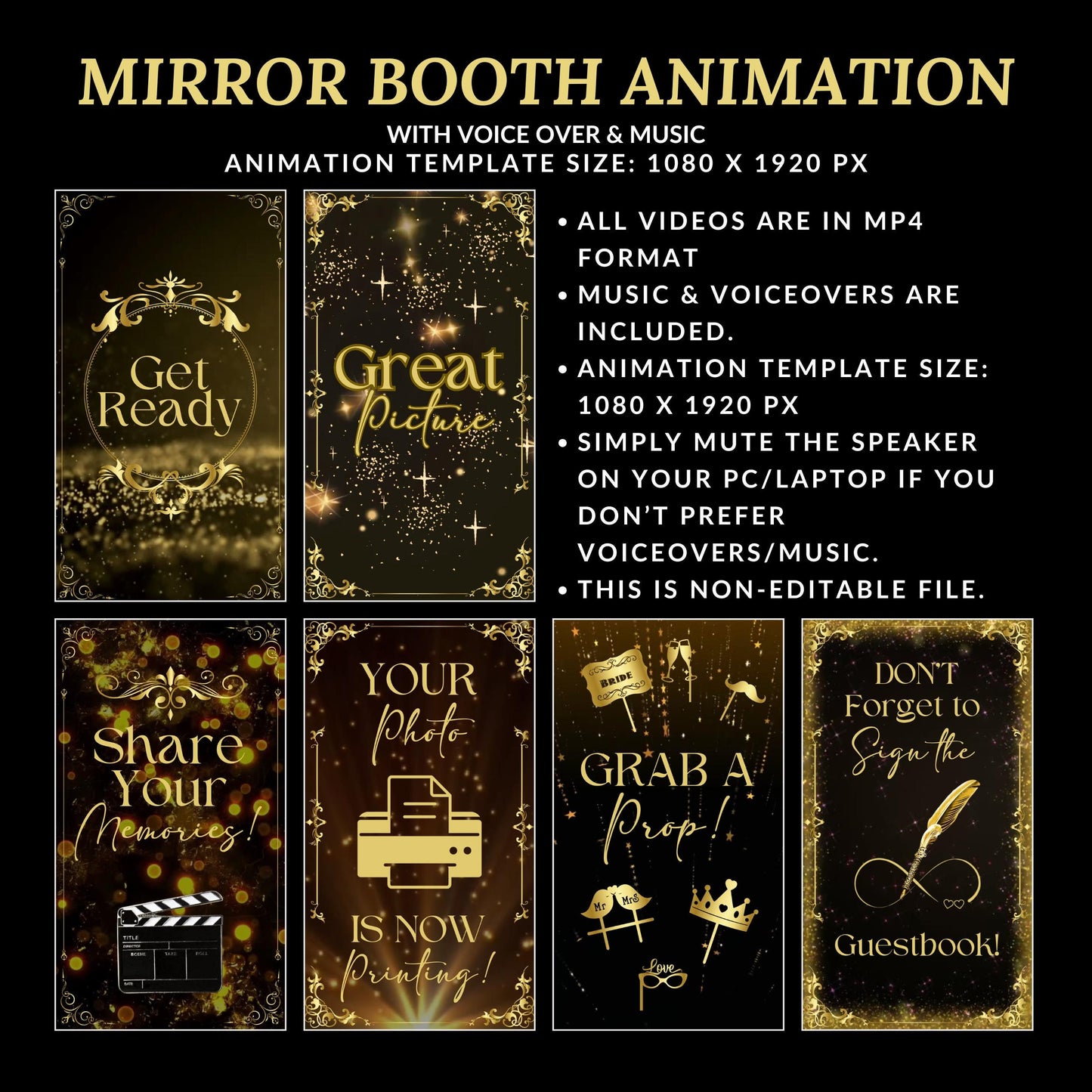 Wedding Mirror Booth Animations, Gold & Black Animations, Touch to Start, Countdown, Pose, Love, Voice Over, Wedding Magic Mirror Booth
