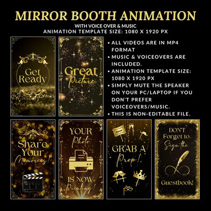Wedding Mirror Booth Animations, Gold & Black Animations, Touch to Start, Countdown, Pose, Love, Voice Over, Wedding Magic Mirror Booth