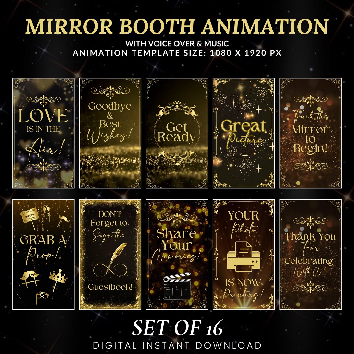 Wedding Mirror Booth Animations, Gold & Black Animations, Touch to Start, Countdown, Pose, Love, Voice Over, Wedding Magic Mirror Booth