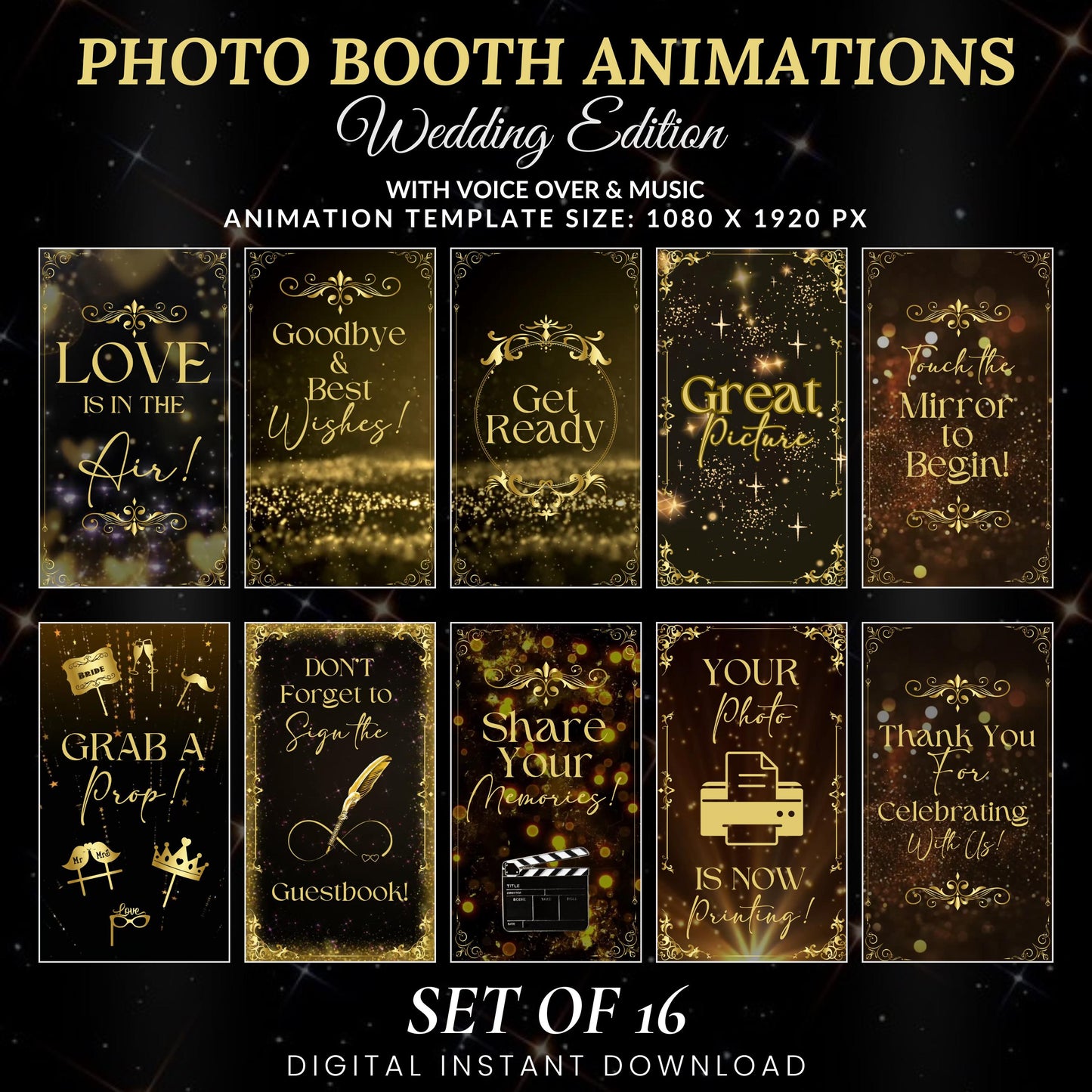 Wedding Mirror Booth Animations, Gold & Black Animations, Touch to Start, Countdown, Pose, Love, Voice Over, Wedding Magic Mirror Booth