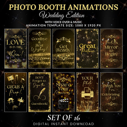 Wedding Mirror Booth Animations, Gold & Black Animations, Touch to Start, Countdown, Pose, Love, Voice Over, Wedding Magic Mirror Booth