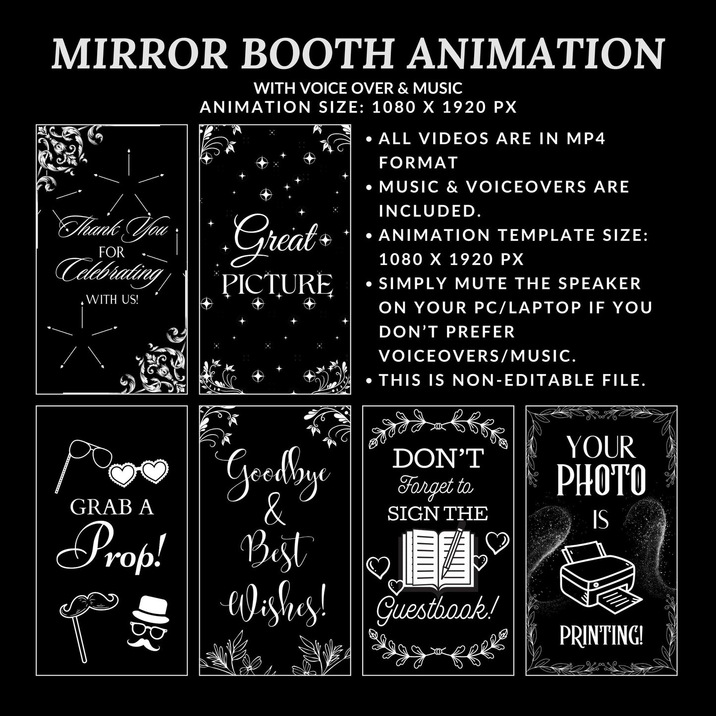 Mirror Booth Animations For Wedding, Magic Mirror Animations, Touch to Start, Countdown, Pose, Love, Photo Booth Mirror Animations