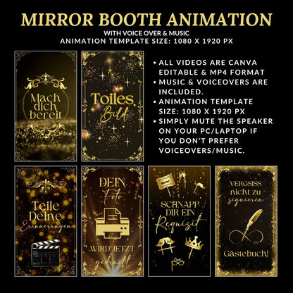 Hochzeits-Spiegelkabinen-Animationen, Gold Schwarz-Animationen, Touch-to-Start, Countdown, Liebe, Voice-Over, Hochzeits-Zauberspiegelkabine