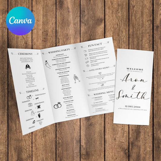 Trifold Wedding Program Template, Wedding Ceremony Program, Modern Wedding Foldable Program, Infographic Wedding, Wedding Day Timeline Canva