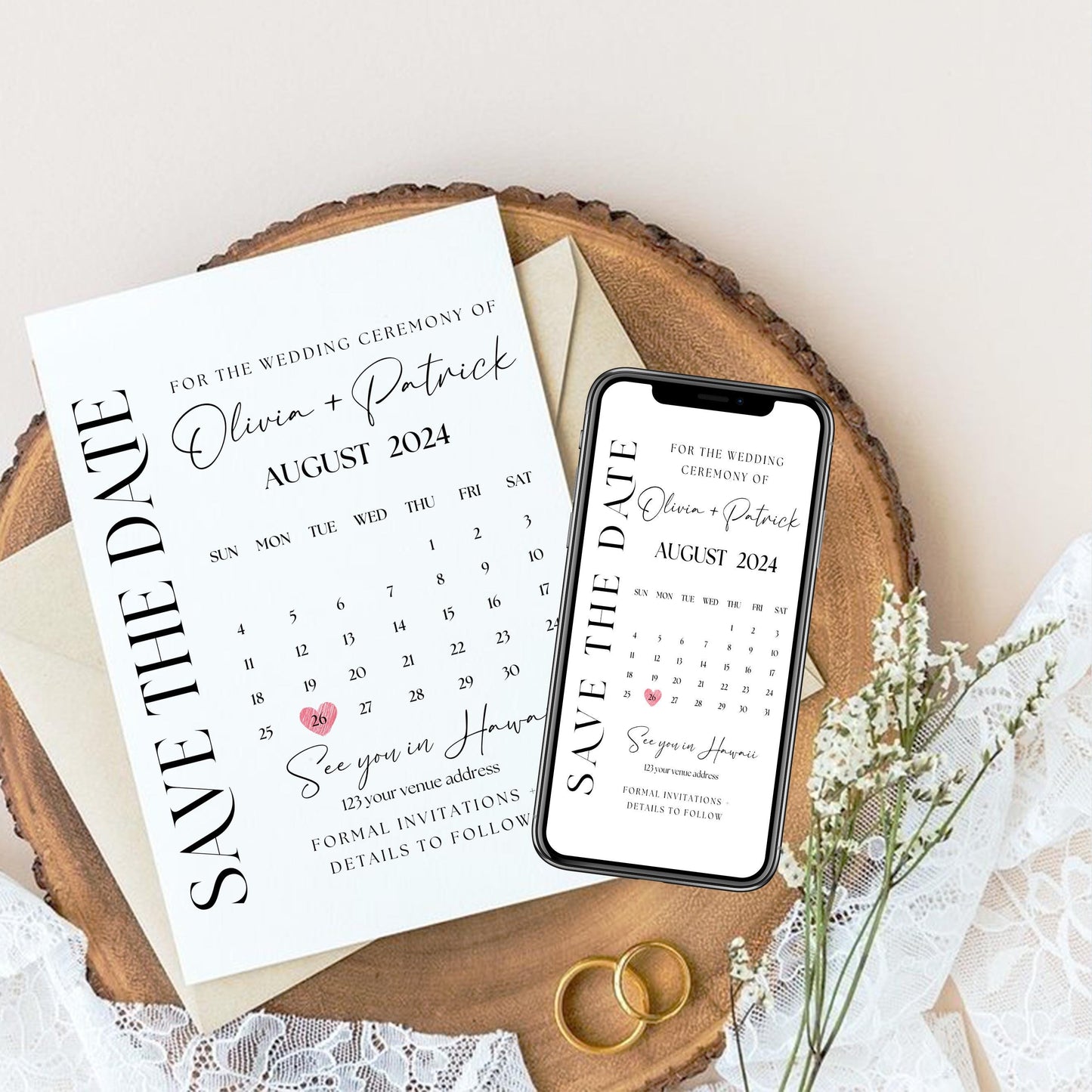Photo Save The Date Postcard Template, Photo Wedding Invitations Photocard, Boho Save the date, Canva Template